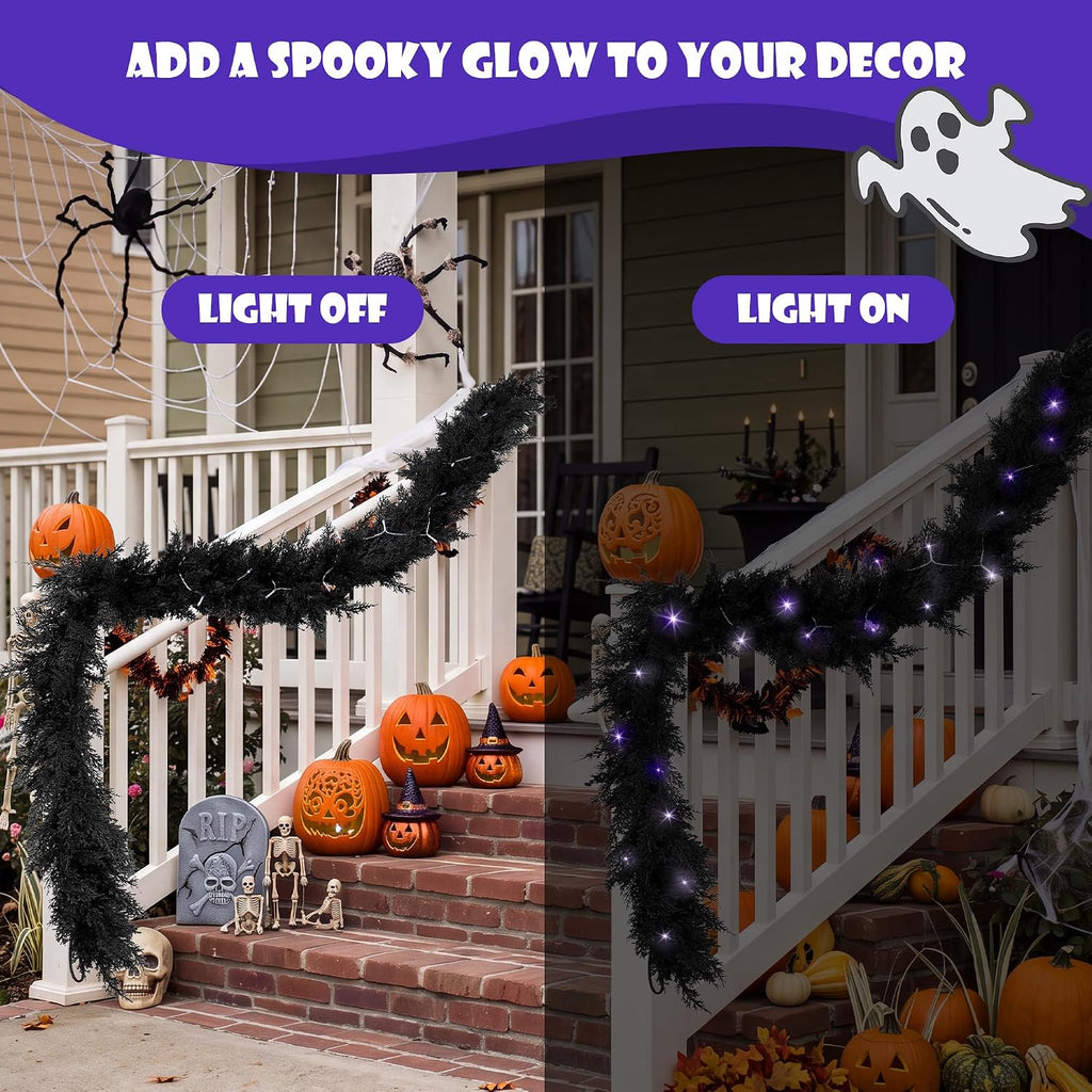 fovths 12 ft pre‑lit black halloween garland, artificial showing dimensions