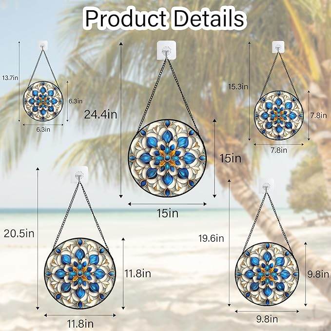 Stained Glass Window Hanging - Blue and White Abstract Flowers Suncatcher for Door Terrace Garden Home Decor, Gold Sun Catcher Birthday Gifts for Lovers Women Men Dad Mom Nana 7.8 in
