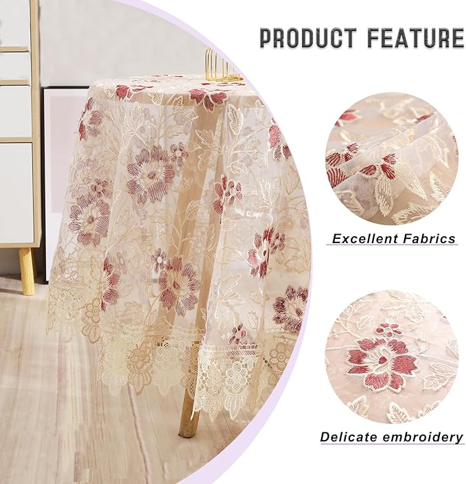 Round Embroidered Lace Tablecloth Vintage Decorative Exquisite Border Table Cover for Party Wedding Home Decorations, Round-60, Red