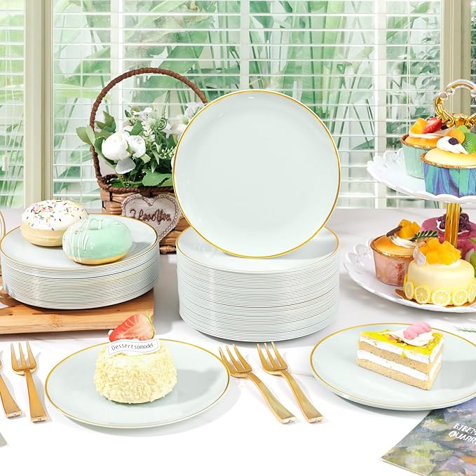 Festiva 200Pcs Pale Sage Green Gold Cake Plates 6.3" with Plastic Forks 5"- Disposable Salad Plates-Green Dessert Plates-Appetizer Plastic Plates - include 100Plates 100Forks for Party&Wedding&Easter