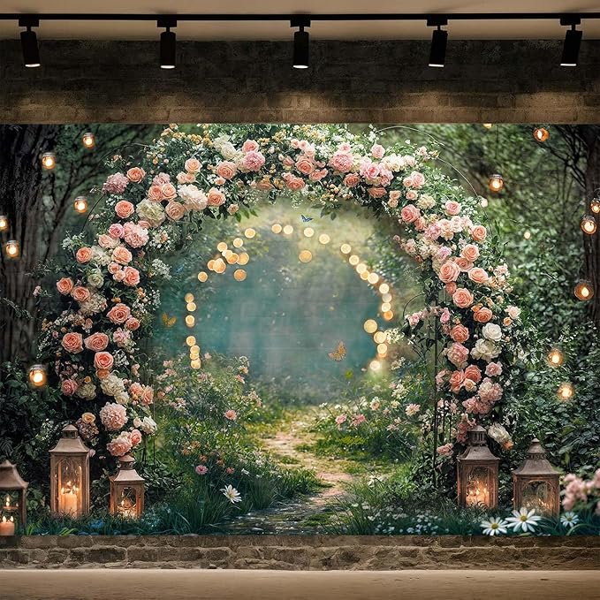 5x3ft Enchanted Forest Wedding Photography Backdrop Wonderland Roses Fairy Tale Backdrop Pink Flower Birthday Newborn Baby Shower Wedding Bridal Party Banner Photo Booth Props Anniversary Background