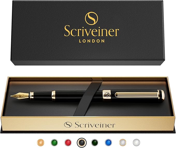 Scriveiner Luxury Fountain Pen - Stunning Luxury Pen, Real Gold Finish, Schmidt Gilded Nib (Medium), Converter, Best Pen Gift Set for Men & Women, Professional, Executive, Office, Nice Pens