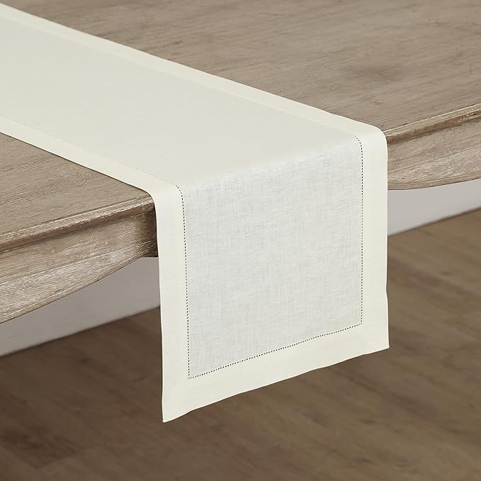 Solino Home Linen Ivory Table Runner 72 Inches Long - 100% Pure Linen Hemstitch Table Runner 14 x 72 Inch for Dresser, Dining, Fall, Halloween, Thanksgiving, Christmas, Holiday - Classic Hemstitch