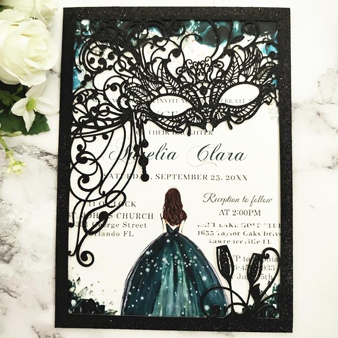 20PCS Masquerade Invitations, Quinceanera Invitations,masquerade wedding invitations,pocket invitation with envelops for xv,16 birthday,bridal shower,wedding,Anniversary,holiday party,etc.