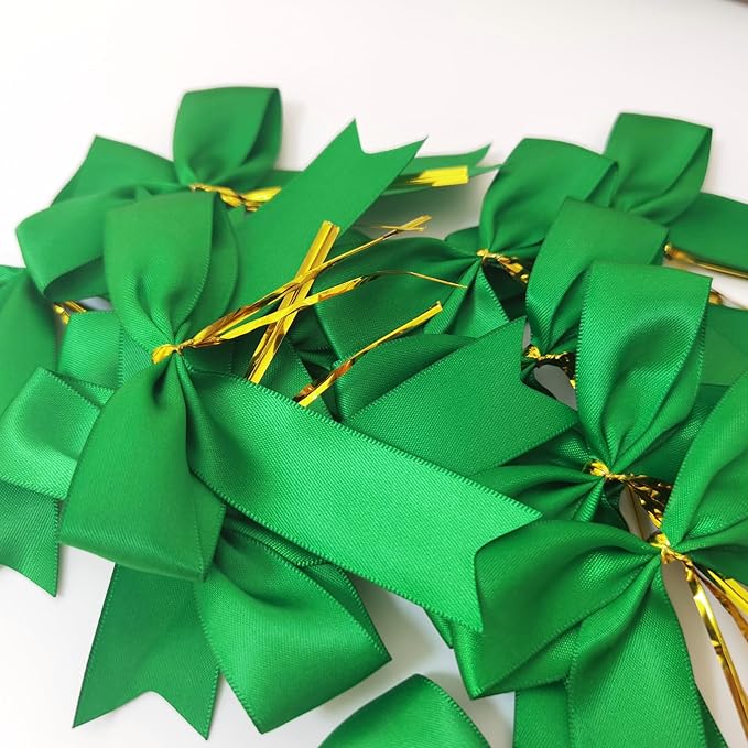 50pcs 3-1/2" Green Twist Ties Satin Green Bows with Twist Tie Bows Fish Tail Cutting(Green)