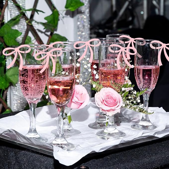 50 Pcs Bows Drink Tags Coquette Bow Wine Glass Charms Acrylic Bowknot Drink Tag for Bachelorette Birthday Wedding Coquette Tasting Party Decor Accessory(Pink)