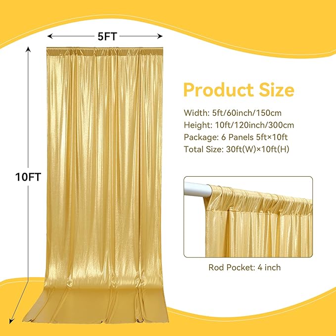 30x10 ft Wrinkle Free Gold Sequin Backdrop Curtain for Parties,Thick Not Fall Glitter Wedding Drape Backdrop,6 Panels 5x10ft Shimmer Photo Wall Back Drop Cloth for Graduation Photography Background