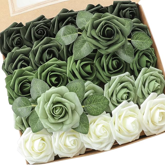 Floroom Artificial Flowers 25pcs Real Looking Forest Green Ombre Colors Foam Fake Roses with Stems for DIY Wedding Bouquets Bridal Shower Centerpieces Sage Green Floral Arrangements Decorations