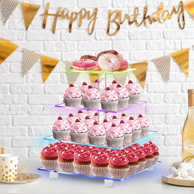Rechargeable LED Cupcake Stand for 50 Cupcakes, 7 Colors Light Clear Cupcake Holder, 4 Tier Cupcake Tower, Acrylic Dessert Table Display Set for Weddings, Christmas, Birthday, Parties