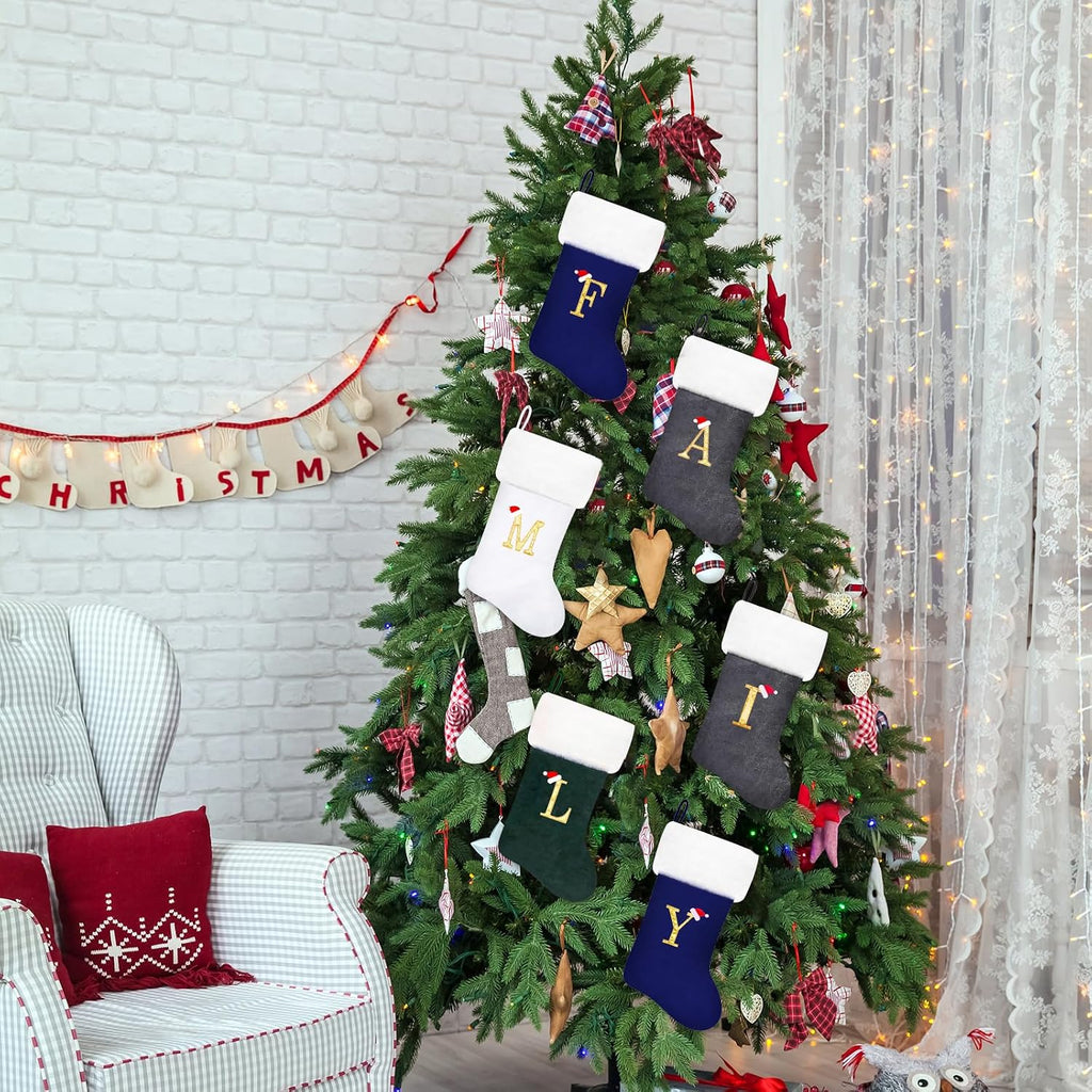 20 Inches Red Velvet with White Super Soft Plush Cuff Monogram Christmas Stockings, Xmas Personalized Embroidered Letter Stockings for Family Holiday Decorations and Xmas Tree Fireplace（E）