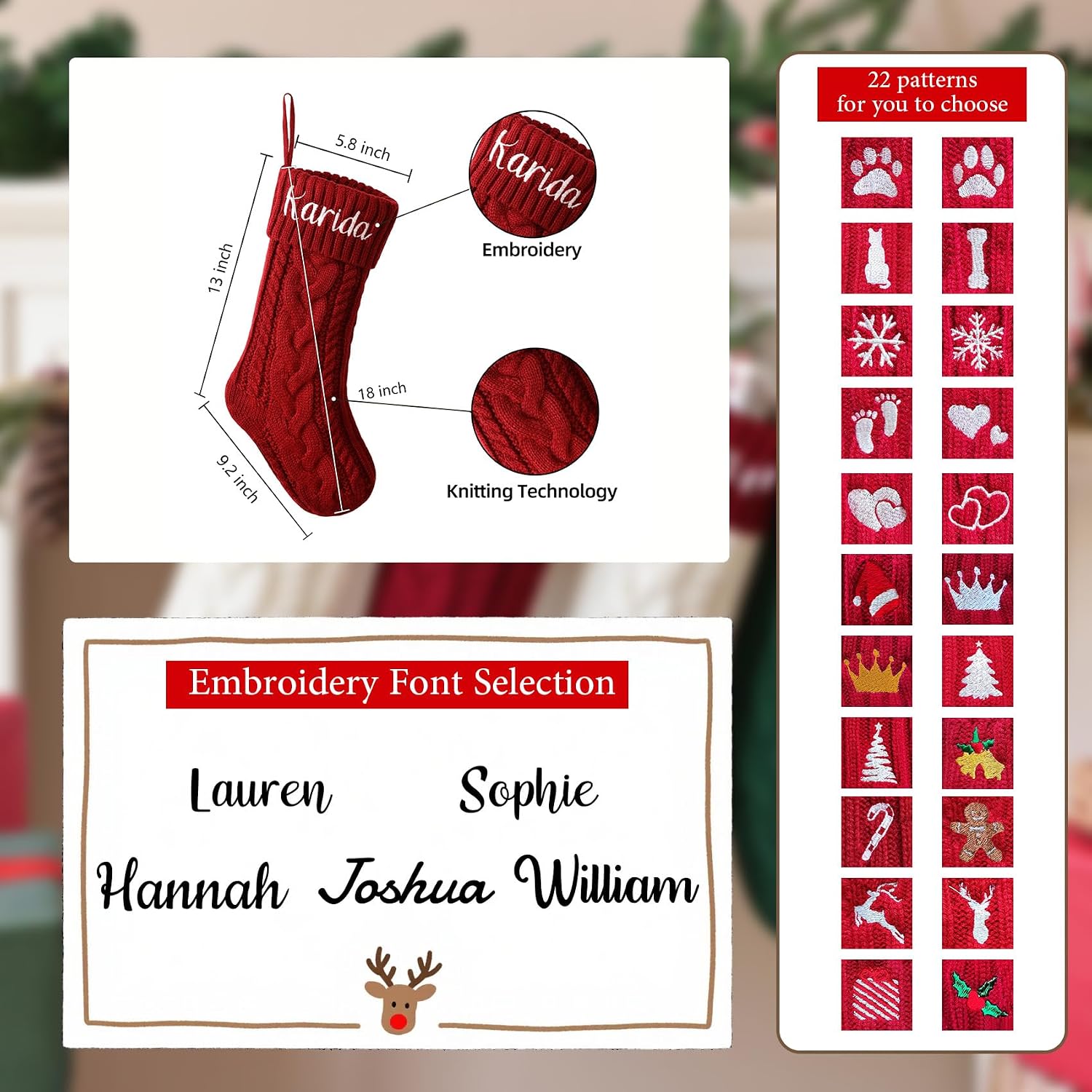 ELEGANTPARK Personalized Christmas Stockings 1 Pack Knit Christmas Stockings with Embroidered Names Red Green White Xmas Decoration for Fireplace Hanging Holiday Decoration for Family Kids 18 Inch