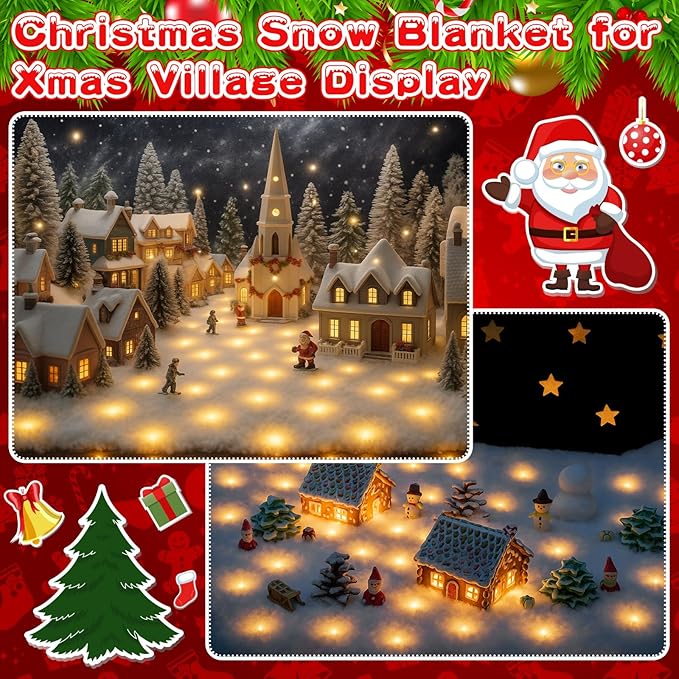 VIHOSE Christmas Snow Blanket with LED Lights String Pre Lit Artificial Fake Snow Blanket Roll Lighted Table Runner for Christmas Tree Village Display Winter Holiday Decor(Warm Light,59'' X 16'')