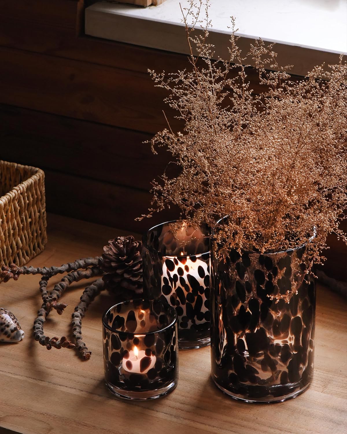 Glass Hurricane Candle Holder Set, Black Tortoise, 3 Piece