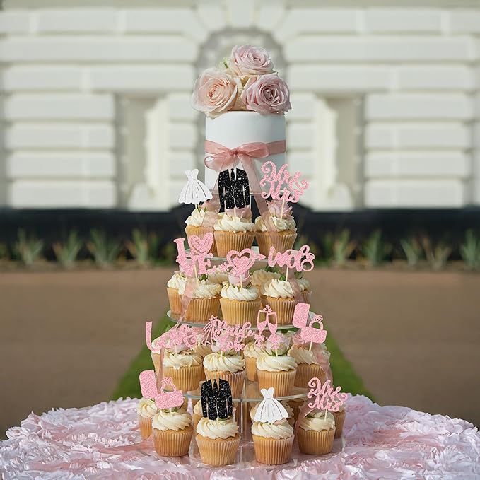 Ephlyn 30Pcs Bride to be Cupcake Toppers Glitter Wedding Cake Topper Decorations I Do Love Heart Ring Cupcake Picks for Bridal Shower Wedding Engagement Party Supplies Pink