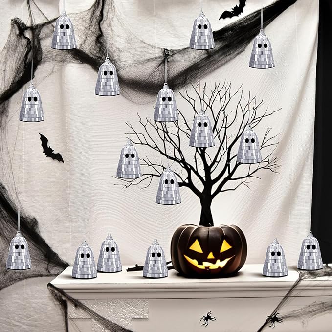 24 Pcs Halloween Disco Ghosts Decor Halloween Ornament Silver Mirror Disco Skeleton Tabletop Centerpiece for Holiday Cosplay Home Props Gift Party Decorations (Sliver)