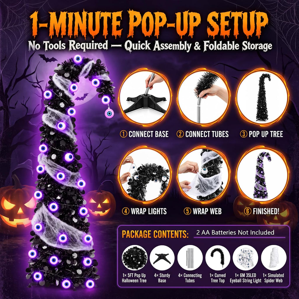 5ft pop up halloween tree with 35 purple, side view