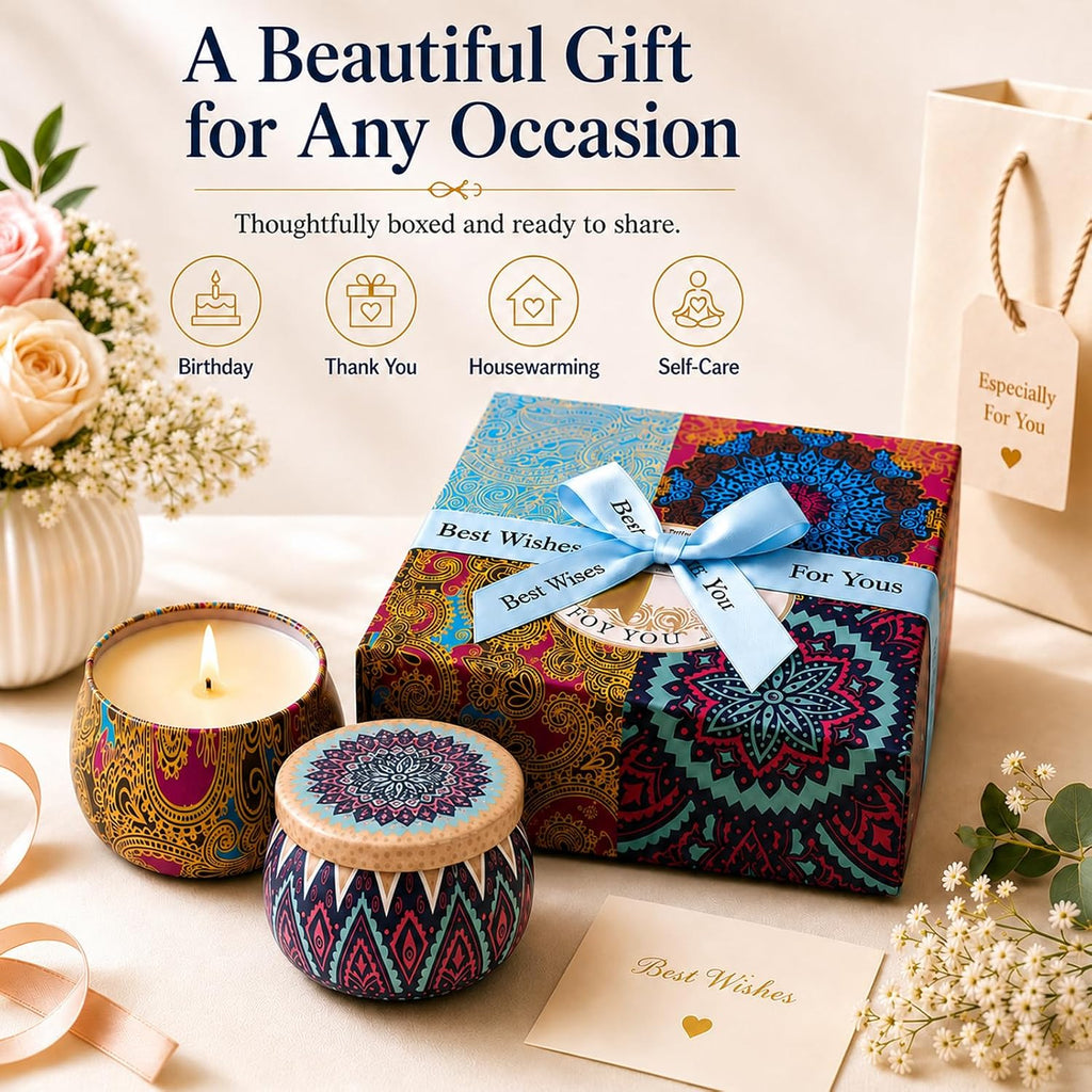 Scented Candles Gift Set for Women, 4 Pack Soy Wax Candles in Classic Bohemian Tins, Aromatherapy Candle Set, Birthday Gifts for Mom, Thank You Gifts