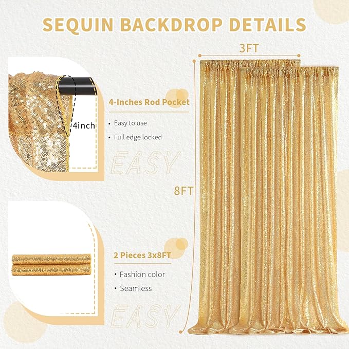 Gold Curtains Backrop for Wedding Parties: 3ftx8ft Gold Sequin Photo Backdrop Drapes for Baby Shower Photography Background - 2 Packs