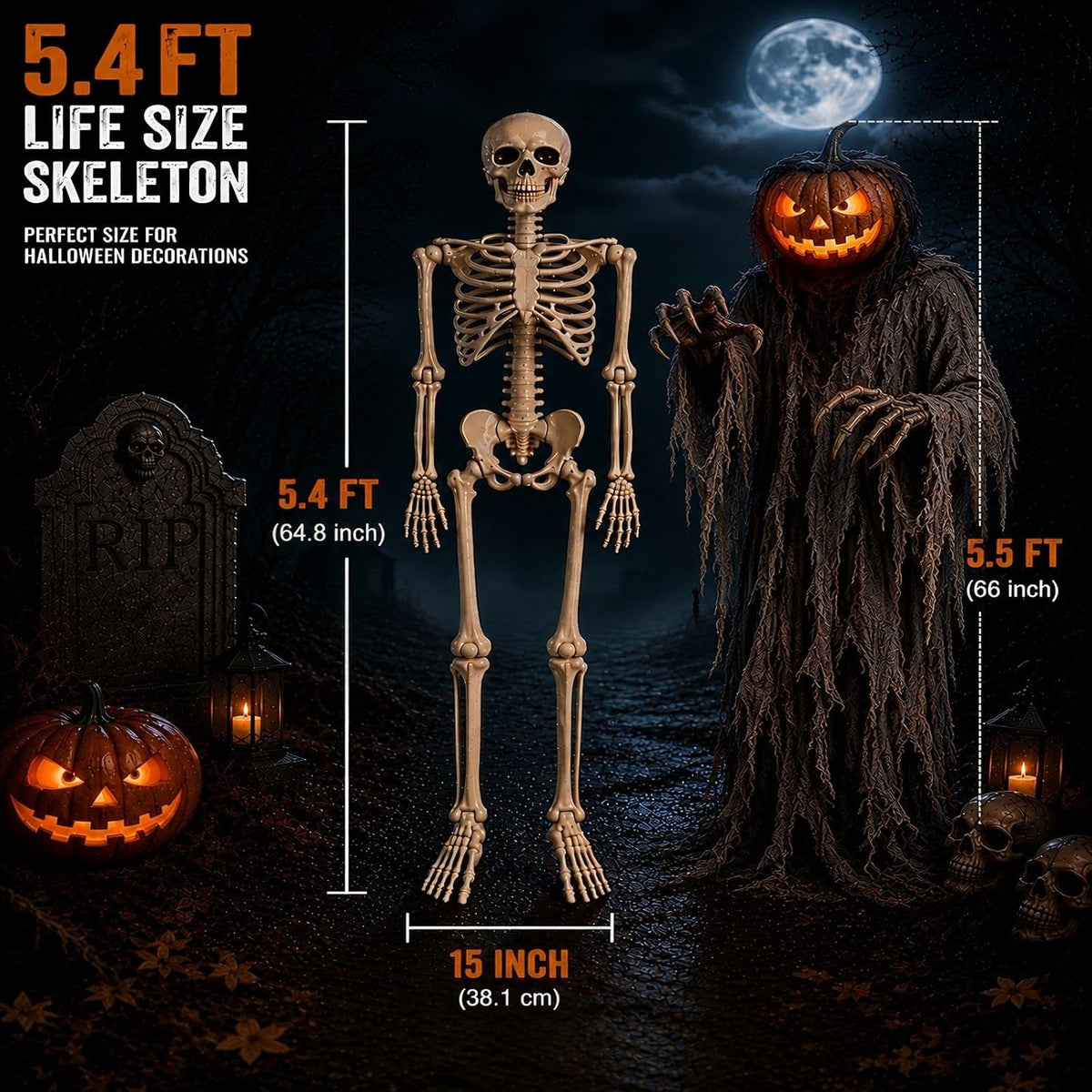 5.4FT Halloween Skeleton Decorations,Posable Human Skeleton Decorations for H...
