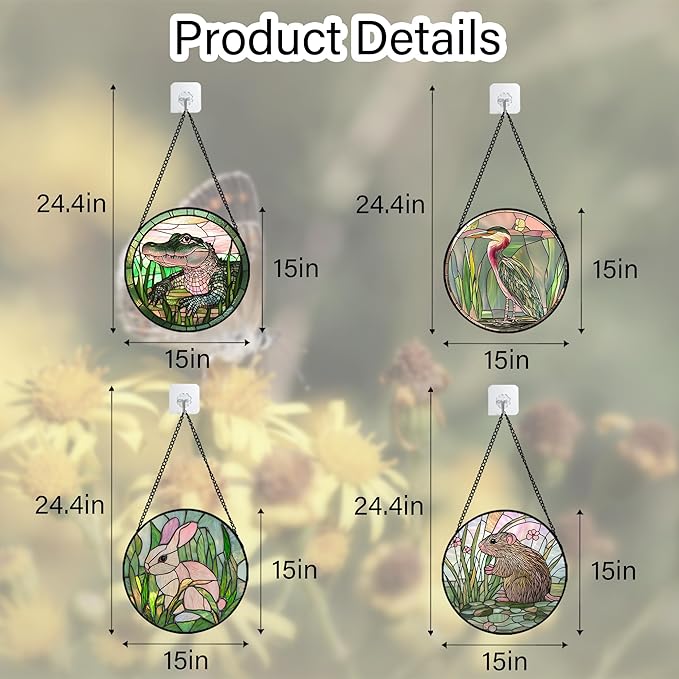 Stained Glass Window Hanging 4 Pcs Set Cute Animal Large 15"- Green Plant Pink Suncatcher Door Garden Sun Catcher Decor Birthday Christmas for Mom Woman Nana Men Friend