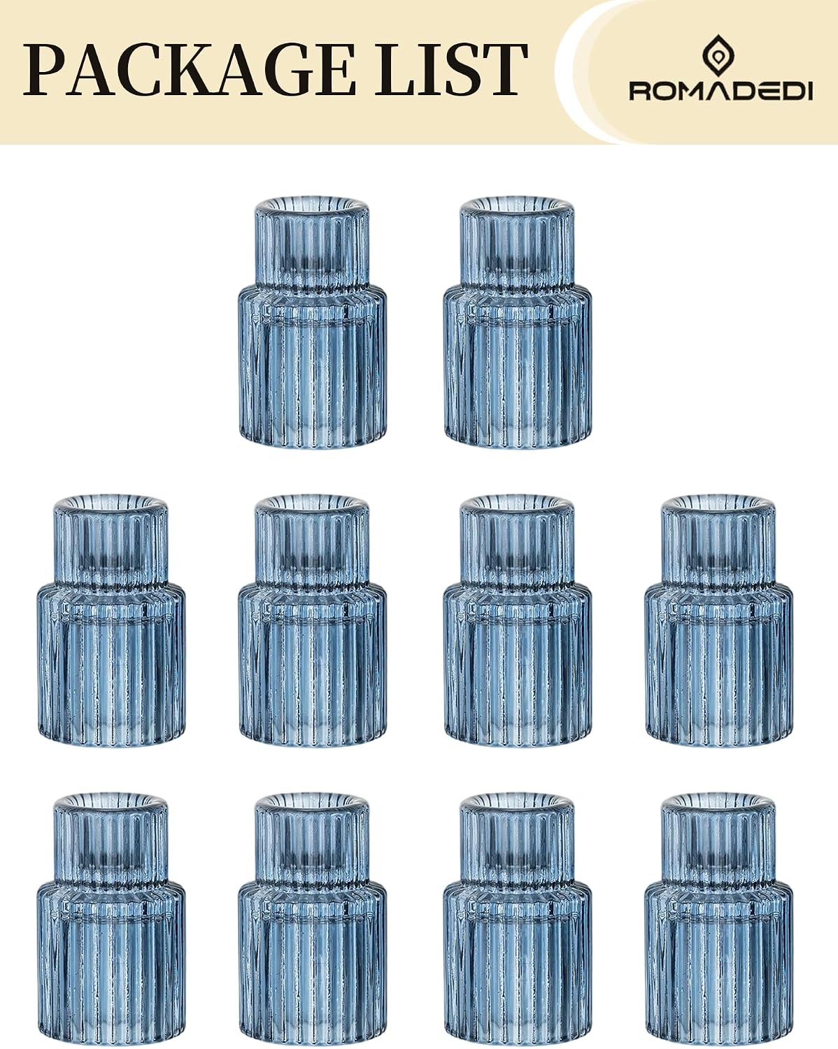 Romadedi Glass Candle Holders for Candlestick - 10 Pcs Blue Tapered Candle Sticks Holder Decor Bulk for Wedding Table Centerpiece Ribbed Taper Holder for Birthday Party Bridal Showers