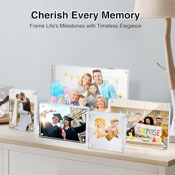 HOUSE DAY Acrylic Picture Frames 5x7, 2 Pack Magnetic 5x7 Picture Frame, Double Sided Clear 5 x 7 Photo Frame with Microfiber Cloth, Frameless FreeStanding 5x7 Frame Gift for Desktop Display