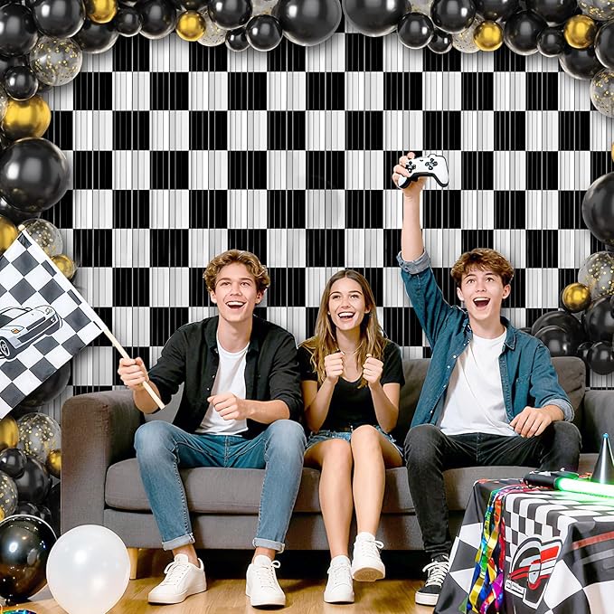 Crosize 2 Pack 3.3 x 9.9 ft Black & White Foil Fringe Curtains Party Decorations, Black & White Tinsel Curtain Backdrop for Parties, Door Streamers, Glitter Streamer Backdrop for Birthday Decoration