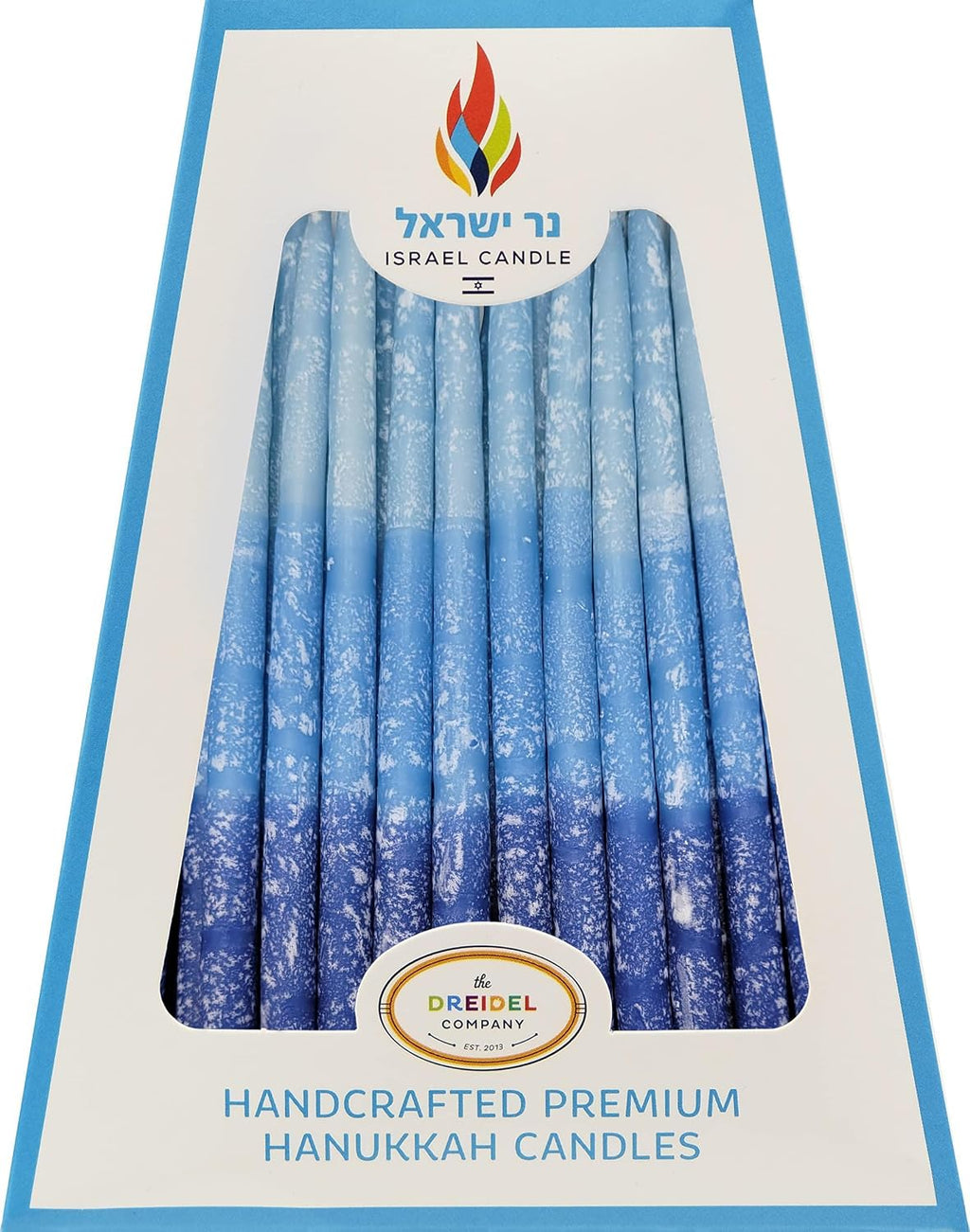 The Dreidel Company Hanukkah Candles Multi Blue Hued Frosted Deluxe Tapered Candles 1-Hour Burn Time 45 Candles for All Eight Nights of Chanukah