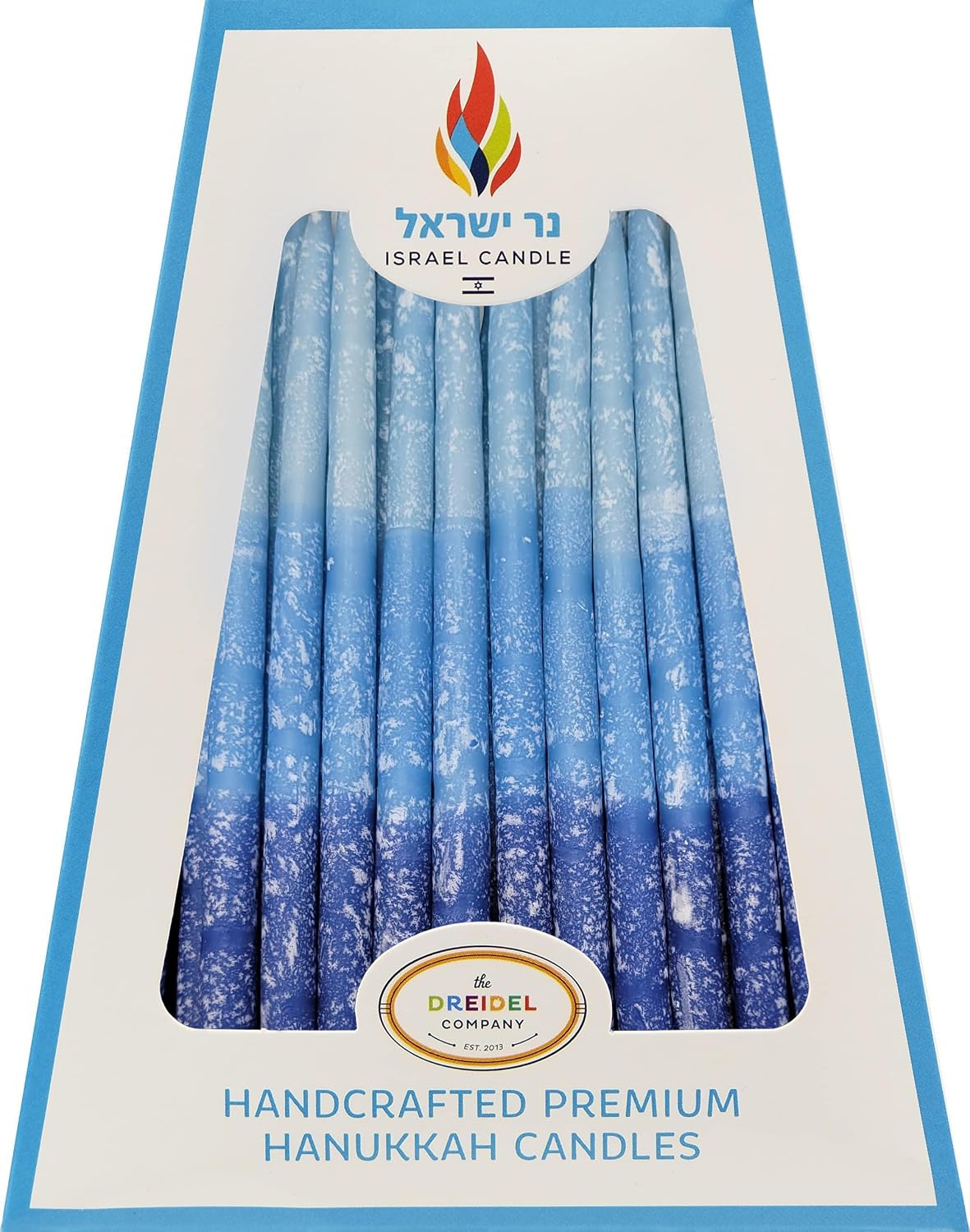 The Dreidel Company Hanukkah Candles Multi Blue Hued Frosted Deluxe Tapered Candles 1-Hour Burn Time 45 Candles for All Eight Nights of Chanukah