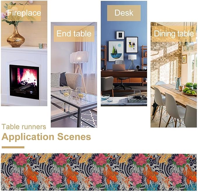Japanese Retro Flowers Table Runner Oriental Tradition Kio Fish Art Printed Burlap Runner Home Kitchen Dining Table Living Room Decor Fabric 1 Panel W13xL70in