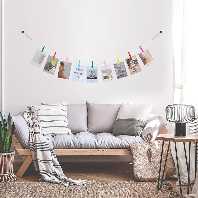 Hanging Photo Display Wall Decor, Wooden Bead Garland Collage Picture Frame with 9 Different Random Colors Wood Clips for Boho Bedroom, Living Room, Office, Dorm Decor