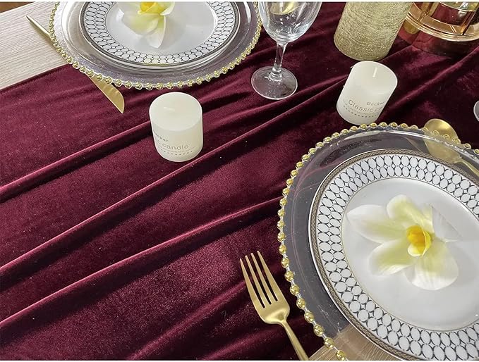 Luxurious Velvet Table Runner, 10ft Wedding Reception Decorations, 20x120inch Soft Velvet Fabric, Table Linen Overlay, Wedding Table Runners (Burgundy, 20X120inch, 5pack)