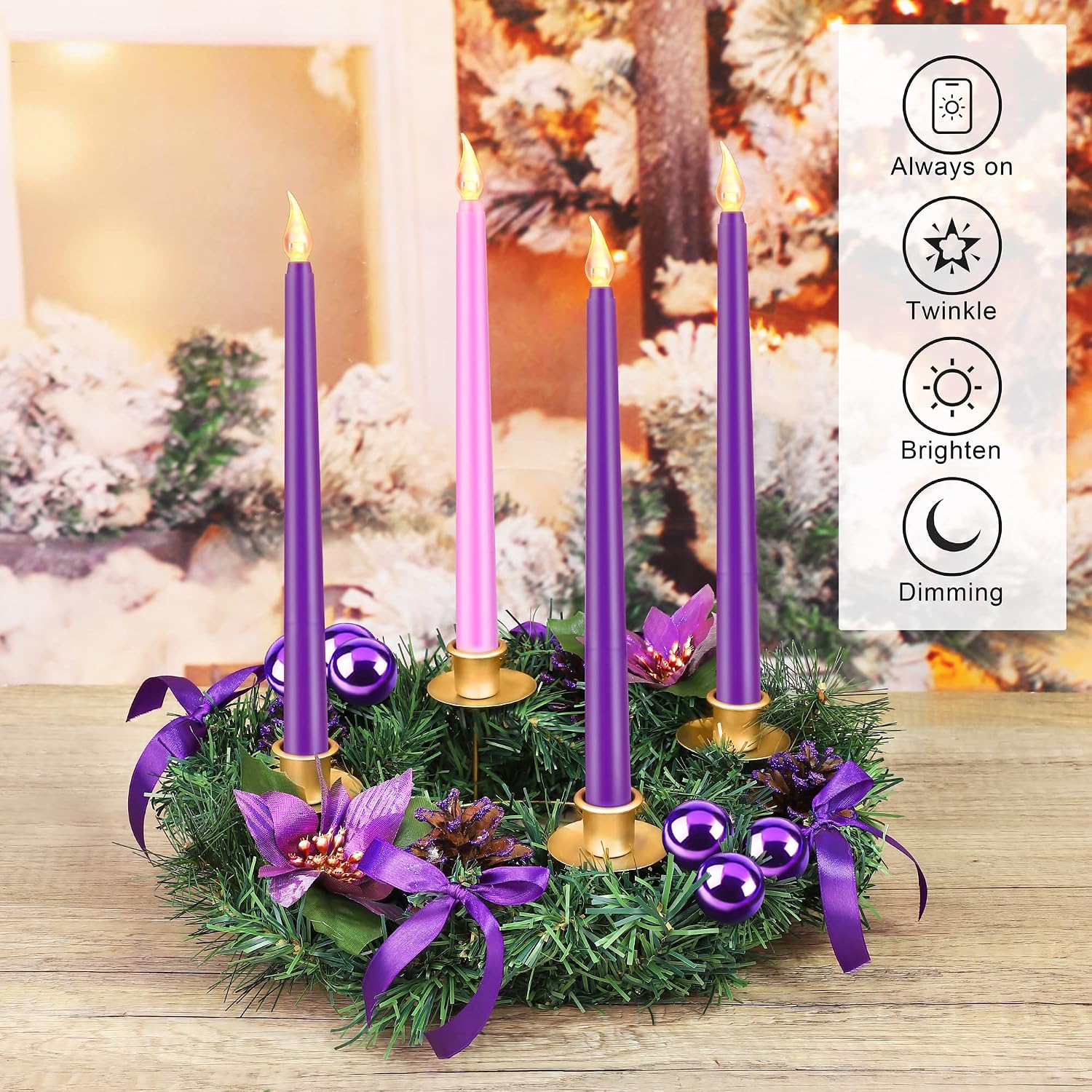 Fovths 12 Inch Christmas Advent Wreath Advent Candle Holder with 4 Flameless Taper Candles Remote Control Christmas Centerpiece Decorations for Christmas Home Church, Purple