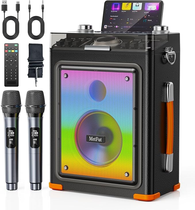 Karaoke Machine for Adults with 2 Wireless Microphones, Professional Bluetooth 5.3 Speaker, Portable Wooden Karaoke System with Bass/Treble Adjustable for Backyard, Home Party-Orange