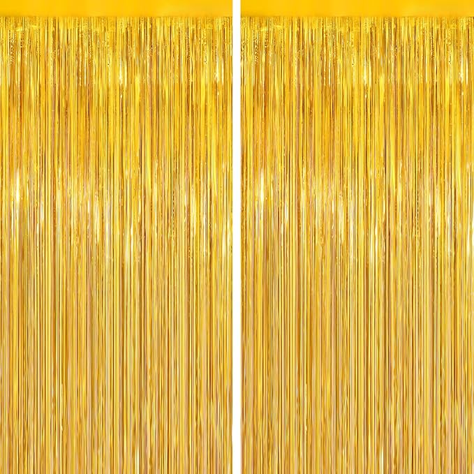 2Pack Gold Party Streamers, Gold Metallic Tinsel Streamers for Birthday Wedding Party Decors Graduation, Baby Shower, Photo Booth Props for Bachelorette Decors Xmas Halloween Party Supplies Backdrop