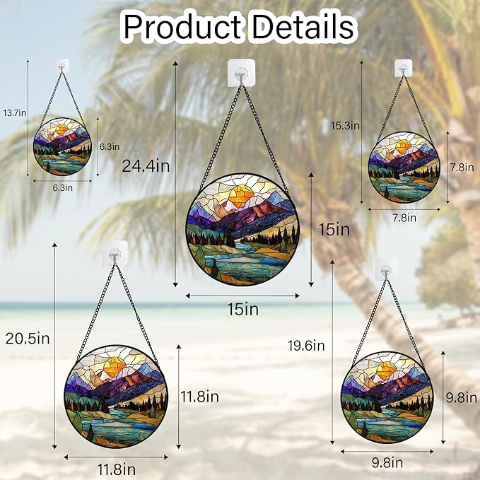 Stained Glass Window Hanging, Blue Lake Golden Sun Abstract Mountains Landscape Suncatcher for Doors Window Home Sun Catchers Decor Mother's Day Birthday Gifts for Women Men Mom 9.8 in