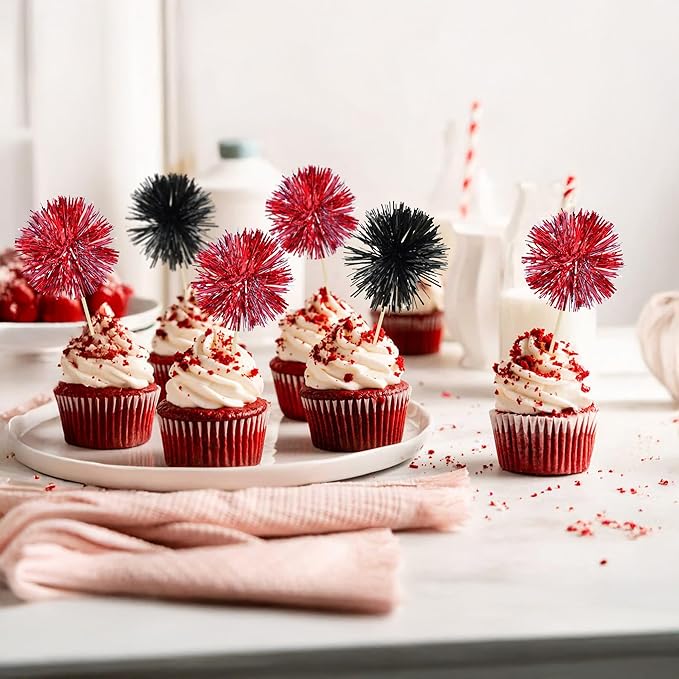 Ephlyn 30Pcs Foil Firework Cupcake Toppers Party Birthday Cake Toppers Supplies Sparkle Tinsel Cocktail Fruit Toothpick for Birthday Wedding Graduation Party Supplies Black Red