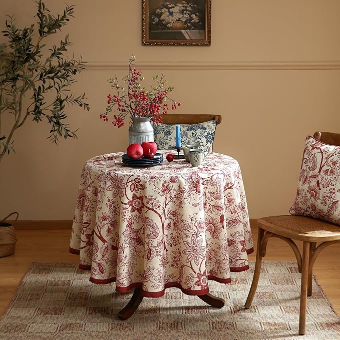 ISAENNE Designer French Linen Small Round Tablecloth,Red Floral Washable Indoor Table Cloth,Durable Home Decor Tablecloths for Dining Thanksgiving Kitchen Party Christmas,Diameter 55"-Ruyi A