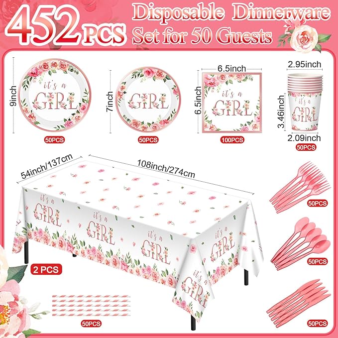 452 Pcs Pink Floral Baby Shower Party Supplies Include It's a Girl Baby Shower Paper Plates Cups Napkins Tablecloth Cutlery Straws for Pink Flower Girl Gender Reveal Birthday Party