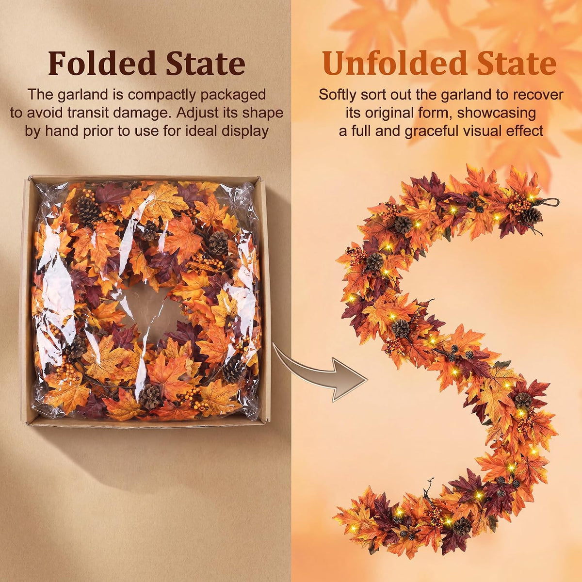 ghrdopy 6ft fall garland with 30 lights &, side view