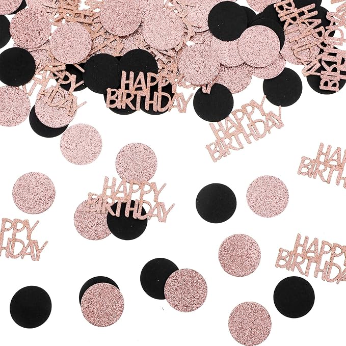 100Pcs Rose Gold and Black Happy Birthday Glitter Confetti, Polka Dot pink confetti, Sprinkling Table Scatter Paper Confettis Birthday Party Table Decorations