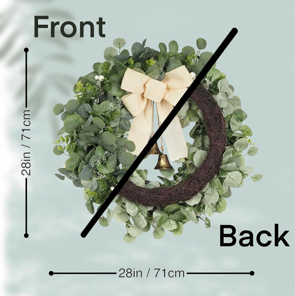 28 inch eucalyptus wreath with bells & bow shown in use