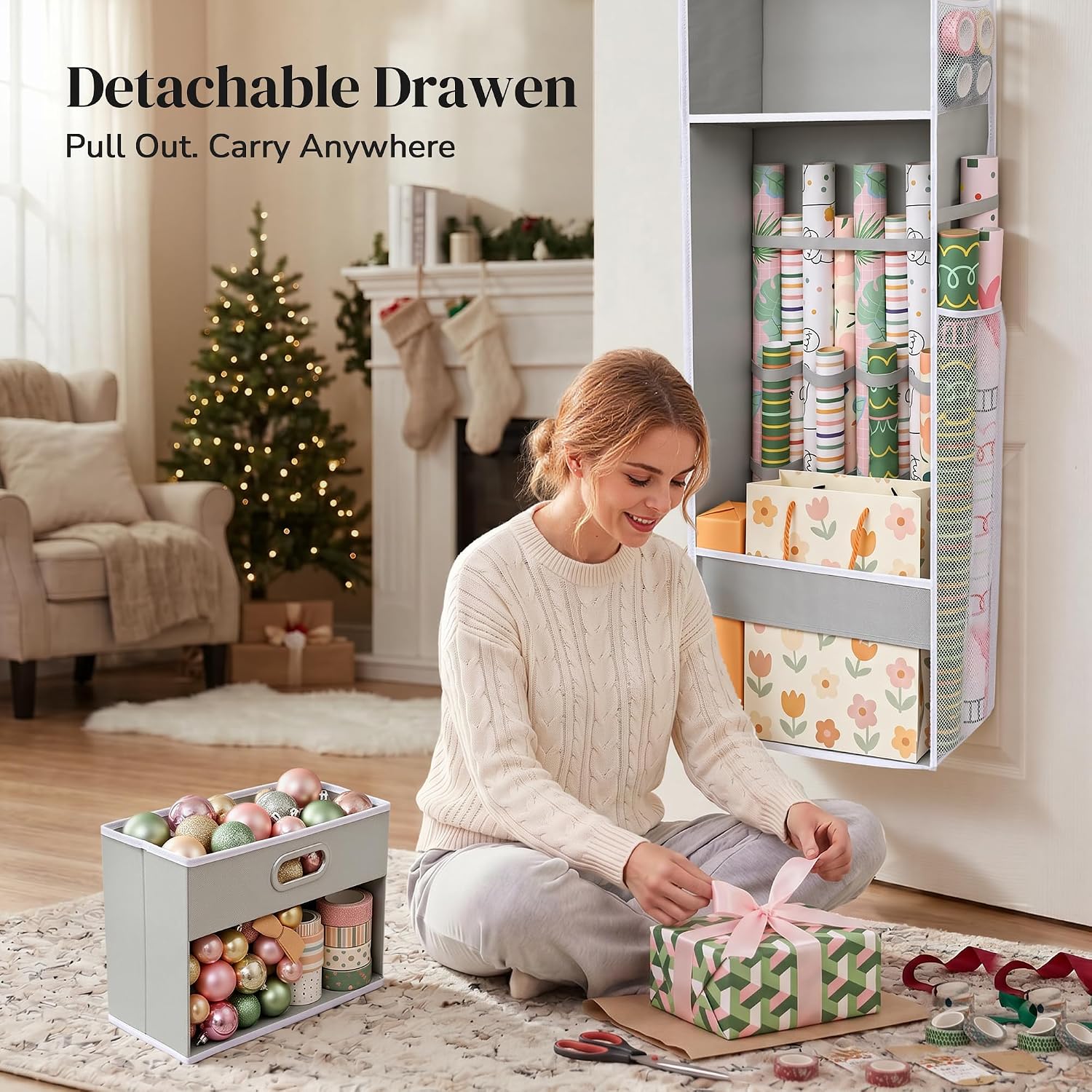 Ordovibe Wrapping Paper Storage Organizer, Over The Door Gift Wrap Holder with Removable Drawer & Side Mesh Pockets – Space Saving Closet Organizer for Christmas, Halloween, Birthday Rolls Supplies Gray