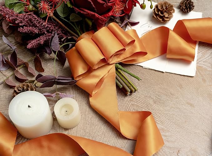 Orange Satin Ribbon Double-Faced Wired Ribbons for Gift Wrapping Flower Bouquet Bows Wedding Invitation Christmas Decor Crafts 2-1/2 Inch 10 Yards