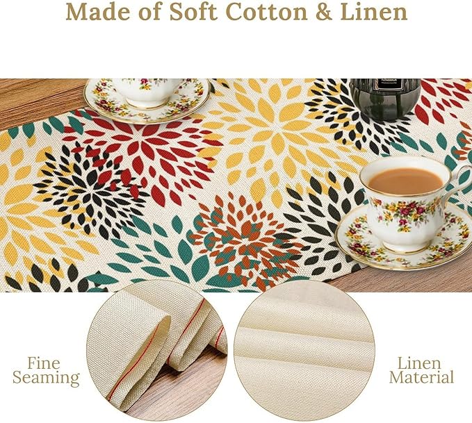 Green Red Dahlia Flower Table Runner Chrysanthemum Geometric Kitchen Dining Bedroom Living Room Table Decor for Indoor Outdoor Home Party, 13x60 Inch