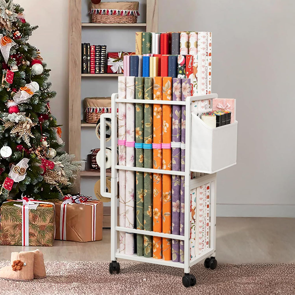 Aquzee Gift Wrapping Paper Organizer Storage, Rolling Gift Wrap Storage Stand, Vertical Wrapping Paper Storage Cart, Ribbon Organizers, 12 PCS Slap Bracelets, Adjustable Rod Design, White