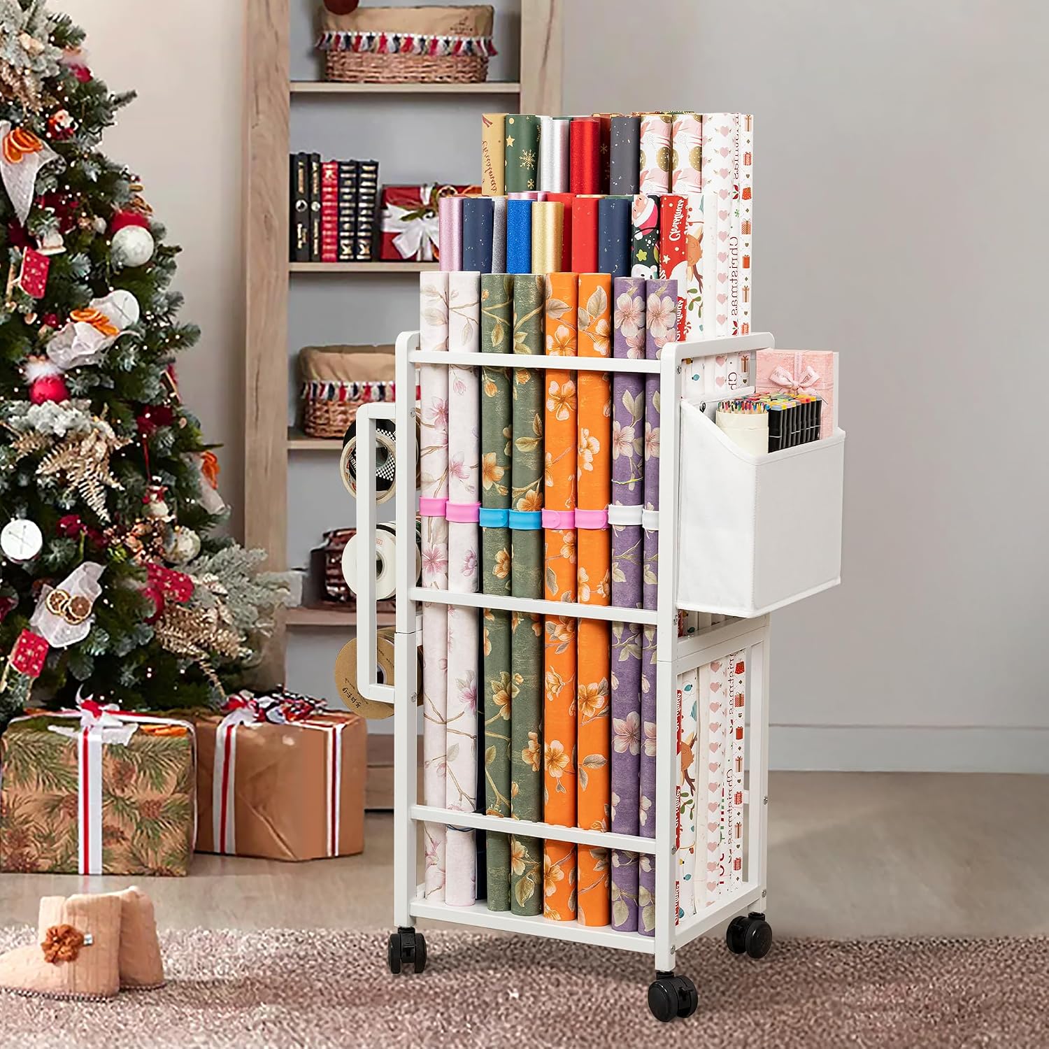 Aquzee Gift Wrapping Paper Organizer Storage, Rolling Gift Wrap Storage Stand, Vertical Wrapping Paper Storage Cart, Ribbon Organizers, 12 PCS Slap Bracelets, Adjustable Rod Design, White