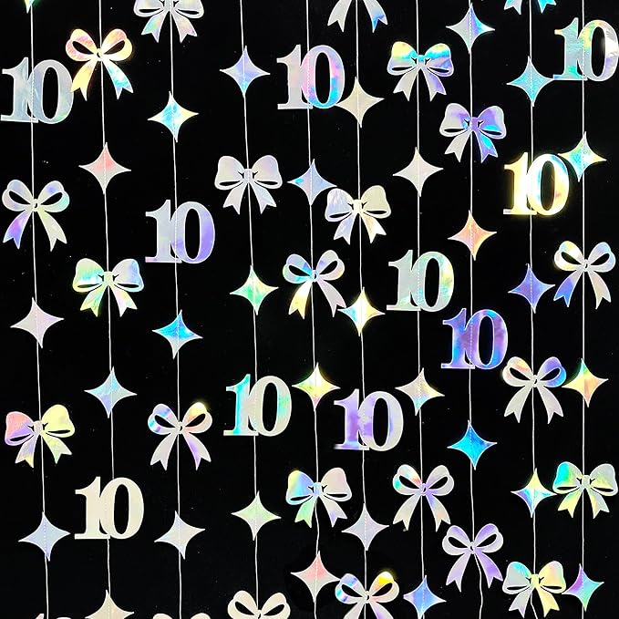 Iridescent 10th Bow Birthday Decorations Glitter Conquette Bow Garland Streamer Banner Backdrop for Girls Boys Happy 10th Birthday Double Digits Cheers to 10 Years Old Anniversary Party Supplies