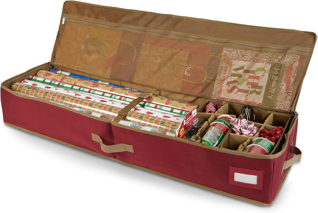 Covermates Keepsakes Gift Wrap Storage Organizer – Heavy-Duty Polyester with Buckle Straps & Interior Pockets – Holds Up to 15 Rolls of Gift Wrap with Handles & Label Window, Red