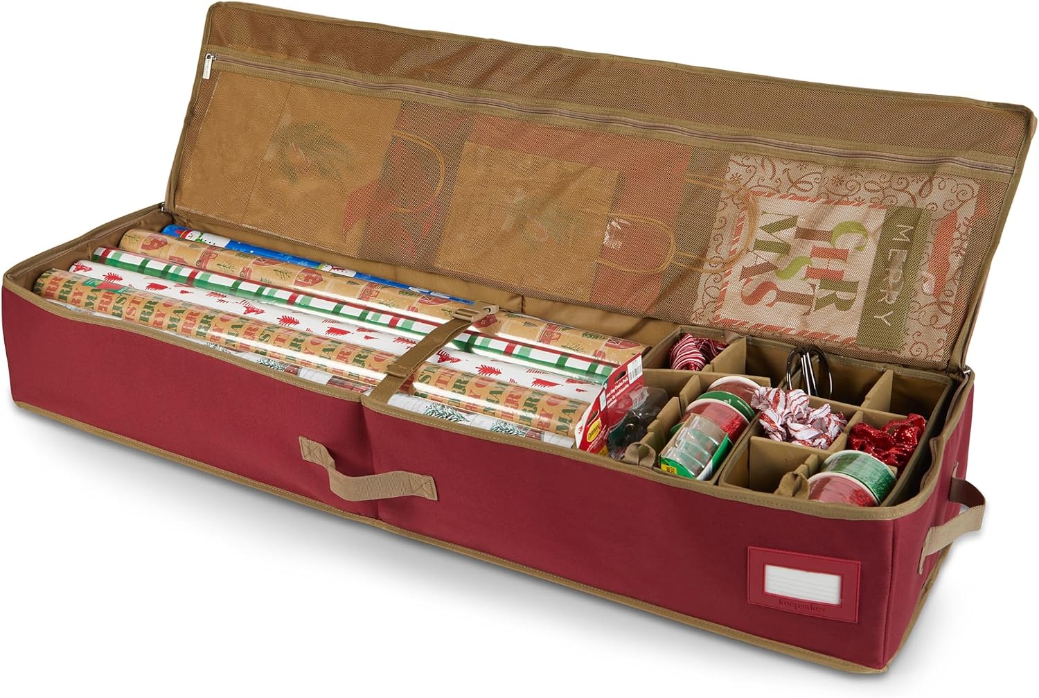 Covermates Keepsakes Gift Wrap Storage Organizer – Heavy-Duty Polyester with Buckle Straps & Interior Pockets – Holds Up to 15 Rolls of Gift Wrap with Handles & Label Window, Red